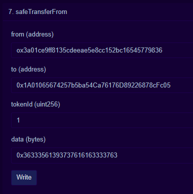 screenshot of the safetransferfrom function form filled out