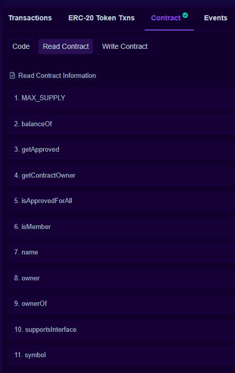 screenshot of read-only contract functions