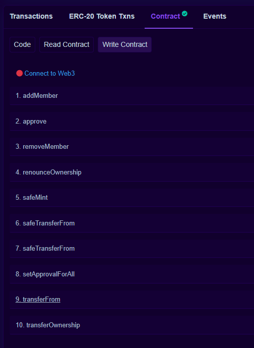 screenshot of mutating contract functions